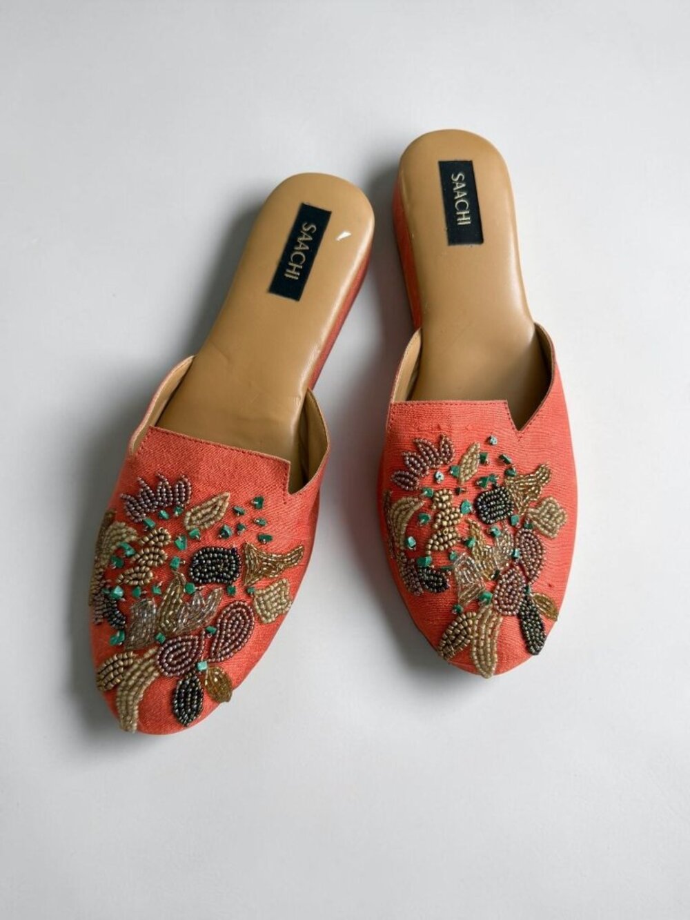SAACHI Hand Embroidered Orange Silk Beaded Mules Size 8